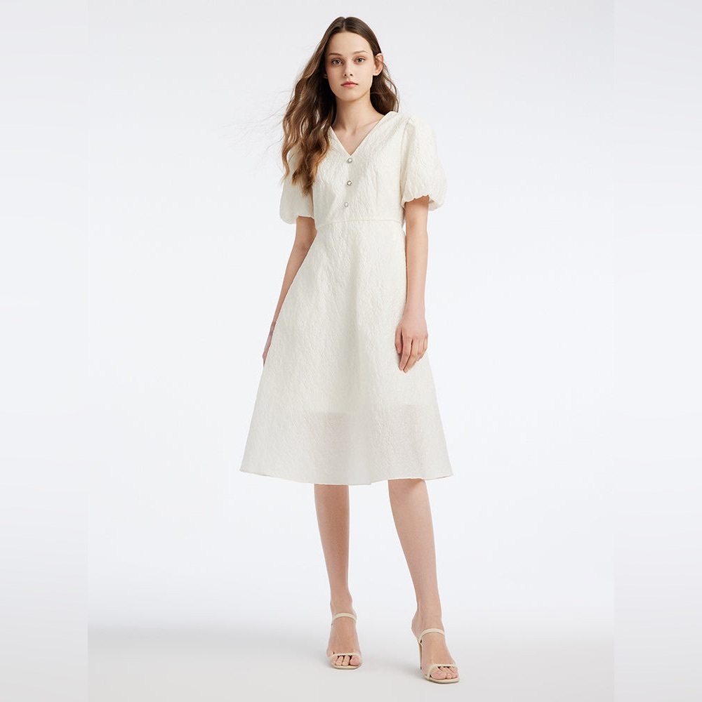 White V-Neck Princess Sleeve Jacquard Midi Dress